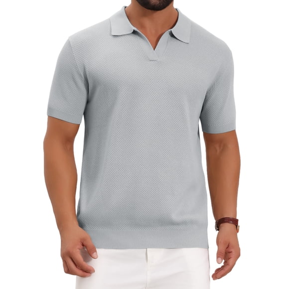 Conjunto de Camisa Polo de Punto Texturizado para Hombre, Cuello en V, Manga Corta, Casual, Camisa de Golf, Talla S, Gris Claro