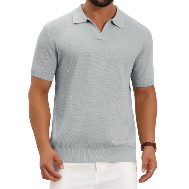 Camisa polo de punto texturizado para hombre, cuello en V, de manga corta, casual, para golf, talla L, gris claro