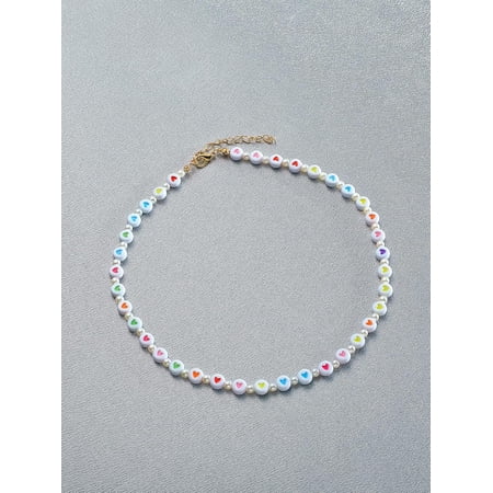 1Pc Acrylic Flat Round with Colorful Heart Beaded Necklaces with Iron End Chains Golden 16.73 inch(42.5cm)