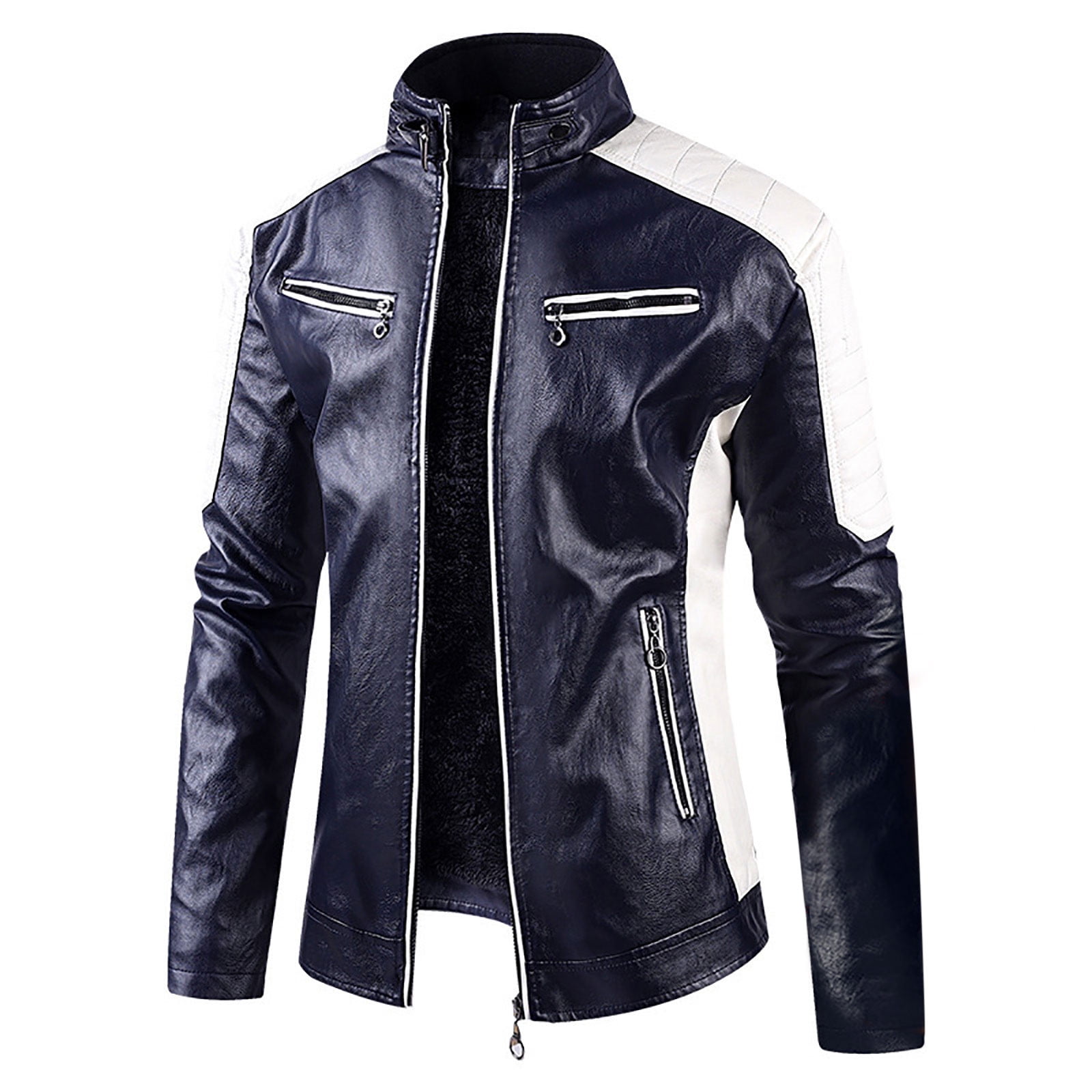 FRSASU Men's Casual Leather Jackets Stand Collar PU Leather Motorcycle Zipper Coat Biker Blue
