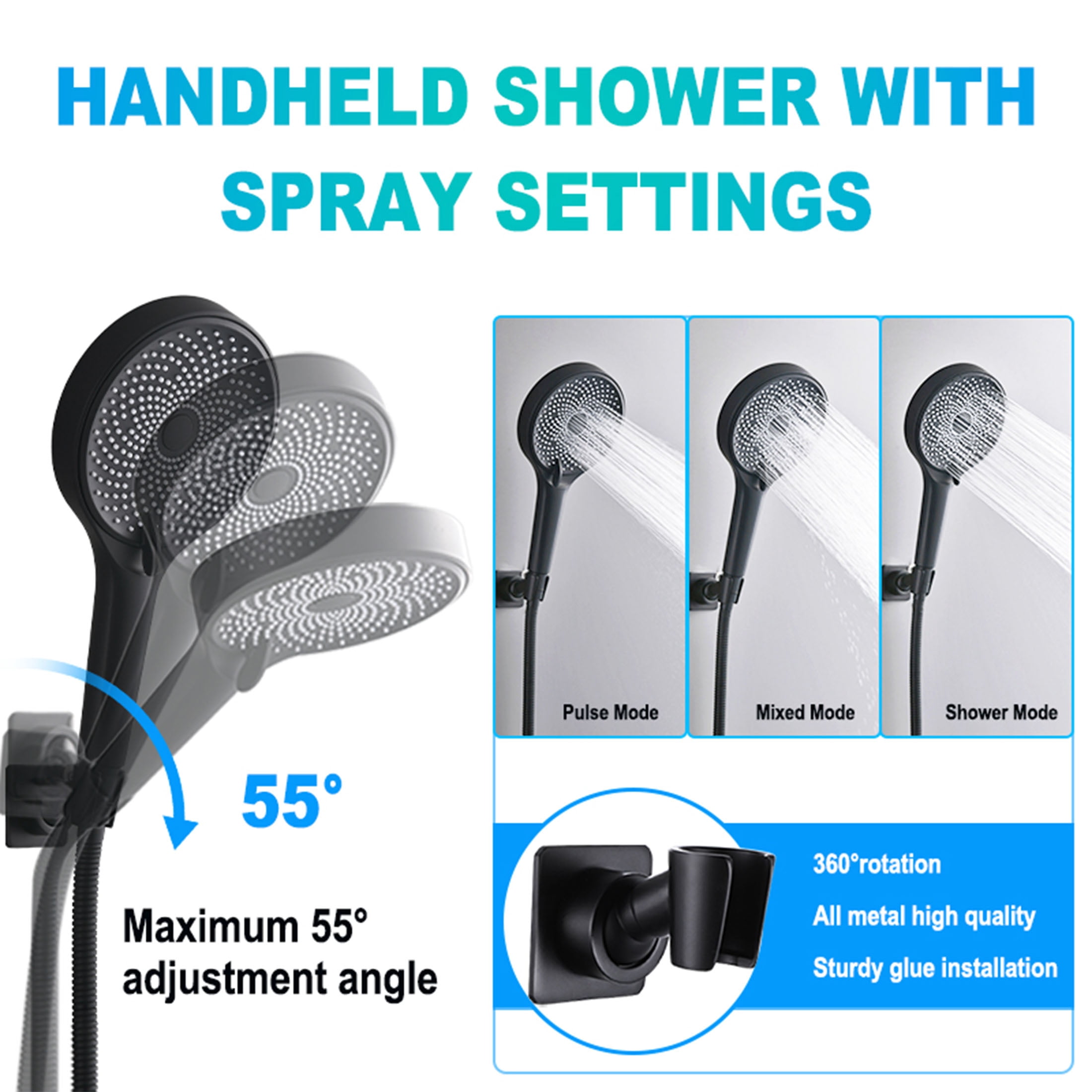 YDmeet 10 Inch 3-Way Shower Combo, Upgraded 12 Inch Adjustable Arm, Matte Black