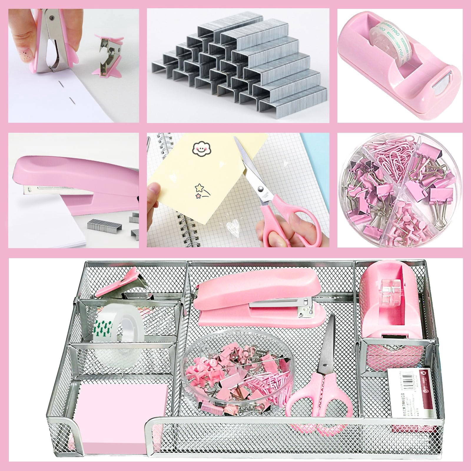 Pink Office Desk Accessories  Supplies Set Drawer Organizer Stapler And Tape Dispenser Staple Remover Staples Paper Clips Scissor Sticky Note