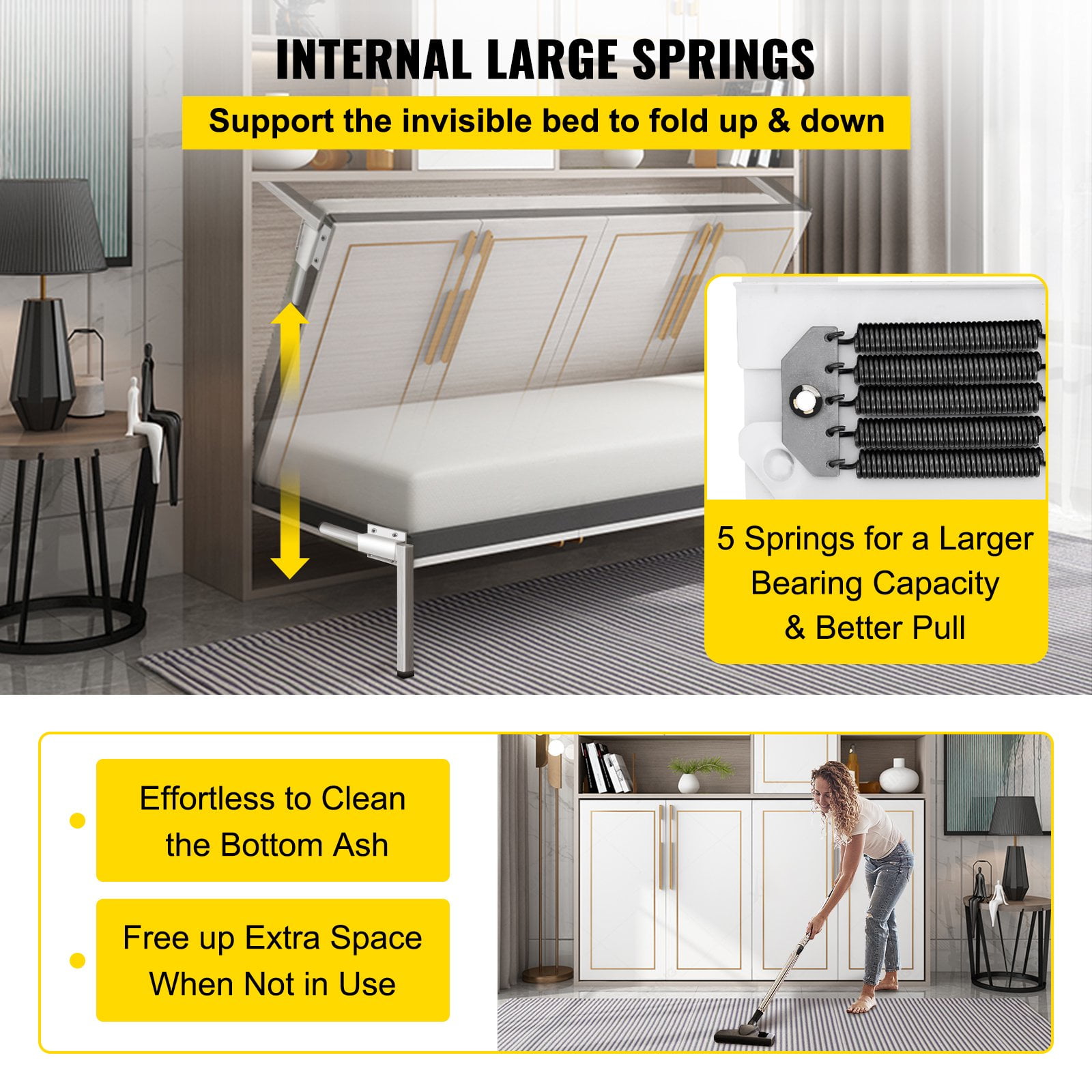 VEVOR DIY Murphy Bed Hardware Kit Horizontal Mounting Wall Bed Springs Mechanism Heavy Duty Bed Support Hardware DIY Kit for Twin Size Bed