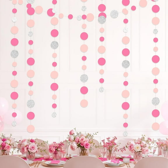 Cheerland Pink Decoration Circle Dot Garland Hanging Silver Hot Pink Polka Dot Streamer For Summerween Bachelorette