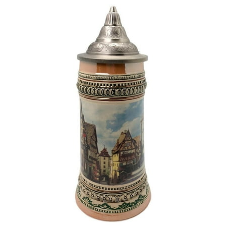 

1 Liter German Village Street Scene Beer Stein with Metal Lid