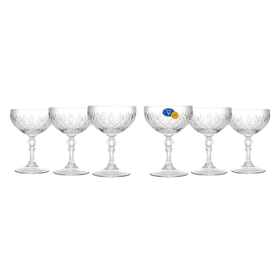 World Gifts Set of 6 Crystal Cut Glassware - 7oz, Clear Champagne Cup