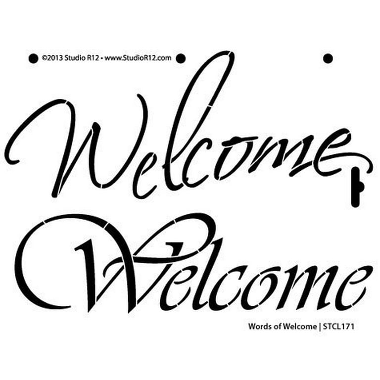 Words of Welcome Stencil by StudioR12 Fun Elegant Script Word Art - Small 8  x6-inch Reusable Mylar Template Painting, Chalk, Mixed Media Use for