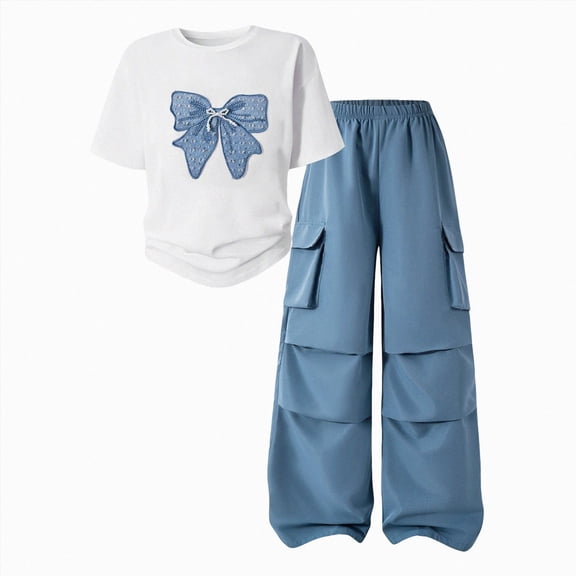 mgoYE Girls Clothes 2 Piece Cute Butterfly Print T-Shirt Tops & Cargo Pants Spring Summer Outfits Teen Tween Girls(Blue,13-14 Years)