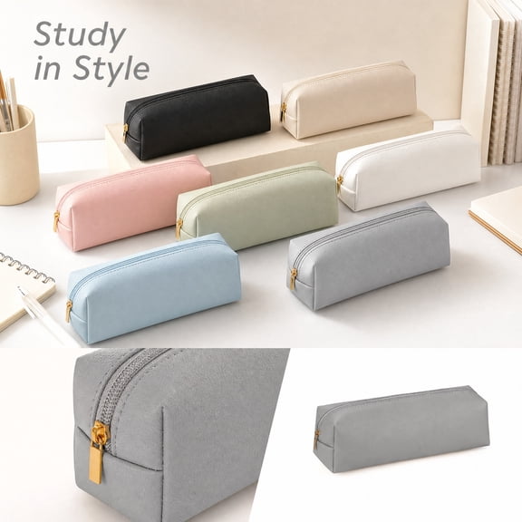 Pencil Case Pouch, Leather Pencil Case, Zippered Pencil Pouch, Pencil Case Organizer, 8X2.5X2.5 in Compact Gray Leather Stationery Bag for Holding Pens, Markers and Daily Small