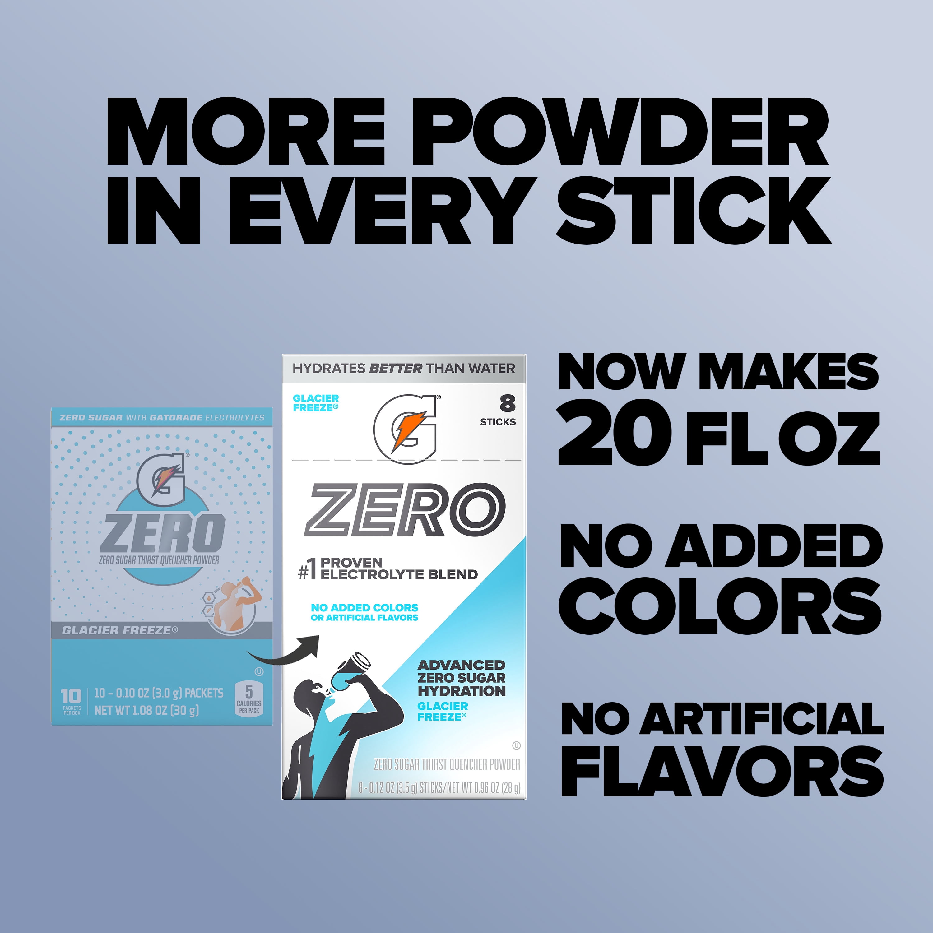 Gatorade Zero Sugar Glacier Freeze, On the Go Packs, Electrolyte Powder Drink Mix, 0.12 oz, 8 sticks