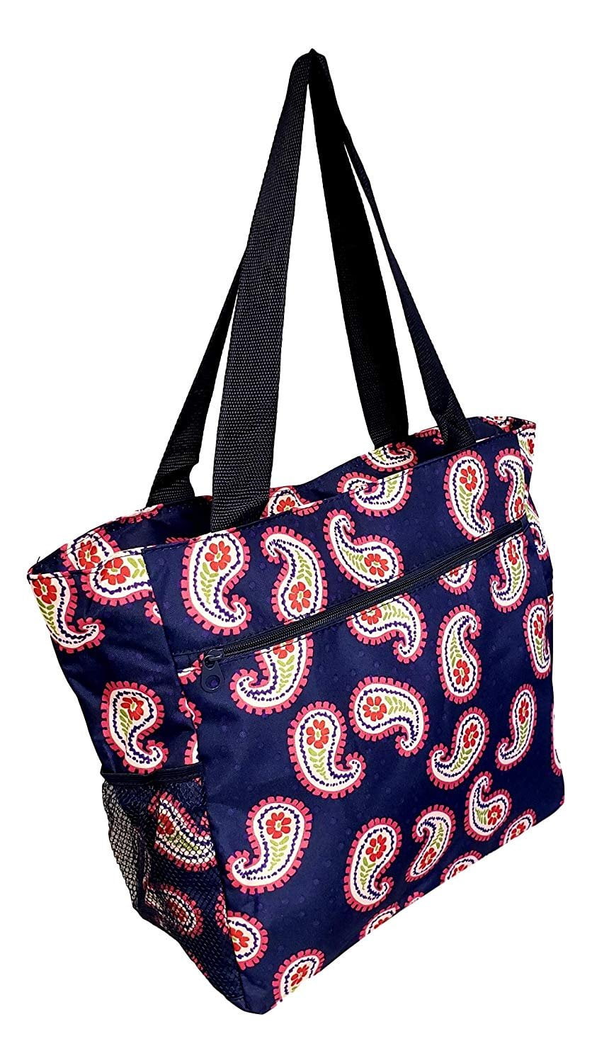 Large Multi Pocket Fashion Zipper Top Beach Bag Tote Custom Embroidery Available Navy