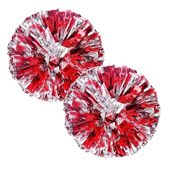 2 Pack Cheerleading Pom Poms, 11.81in Red & Silver Metallic Pom Poms with Handles, Plastic Cheer Poms for Squad, Sports, Games, Party & Spirit Week