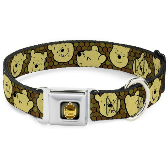Disney Pet Collar, Dog Collar Metal Seatbelt Buckle, Winnie the Pooh Expressions Honeycomb Black Browns, 9.5 to 13 Inches 1.0 Inch Wide