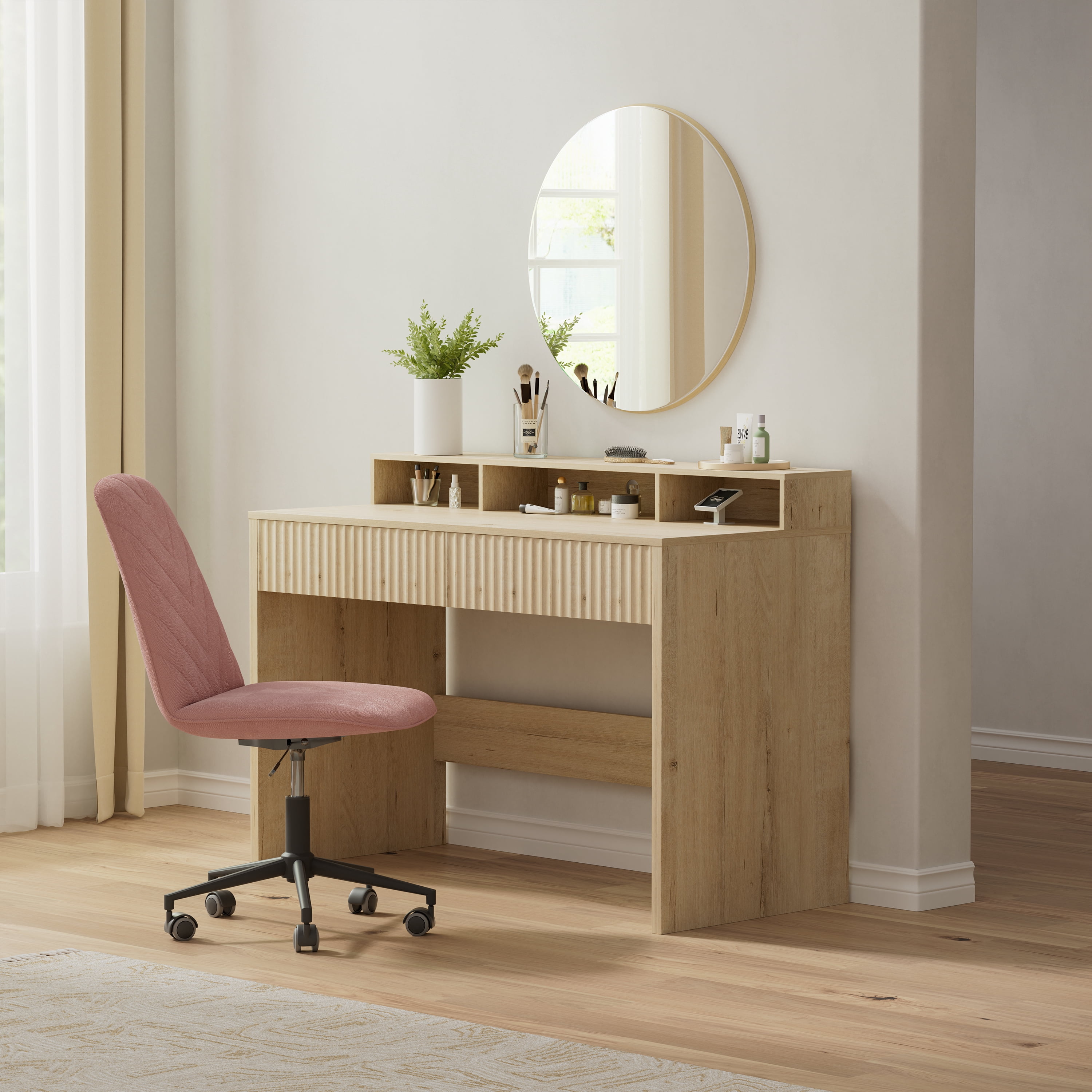 EYYTHUNG Fluted Executive Desk with Storage Shelf, 47" Modern Wood Home Office Desk with Long Monitor Stand & 2 Drawers, Writing Study Computer Table Vanity Desks, Light Oak