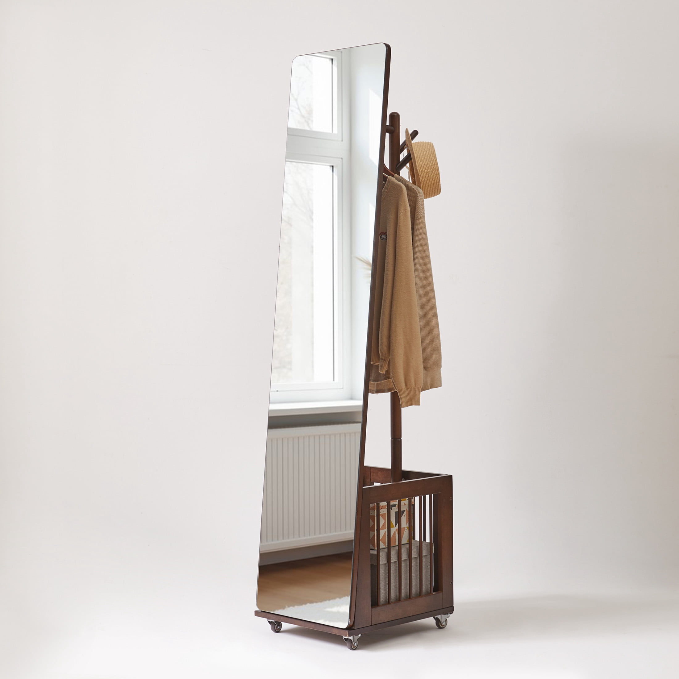 Noble House 68.11" Full Length Mirror, Solid Rubber Wood Rolling Coat Rack with Storage Basket, Walnut