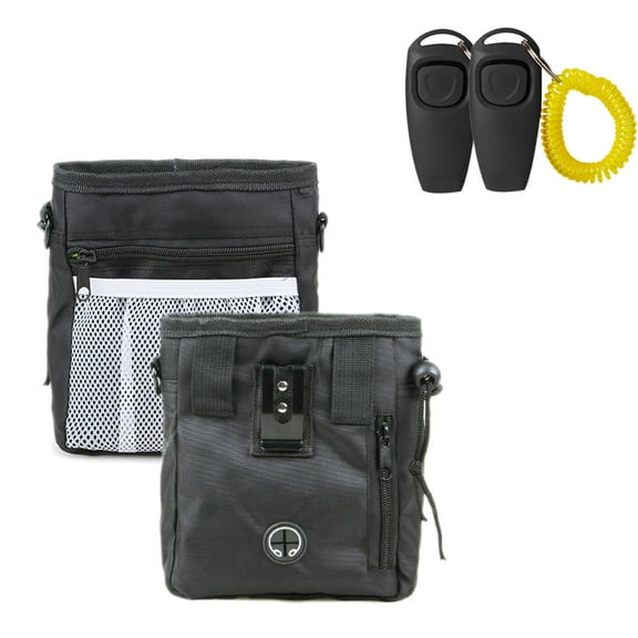 Training Kit, 1 Dog Treat Training Bag and 2 Pet Training Clickers with Wrist Straps, Built-in Poop Bag Dispenser for Easy Carrying of Pet Toy Treats