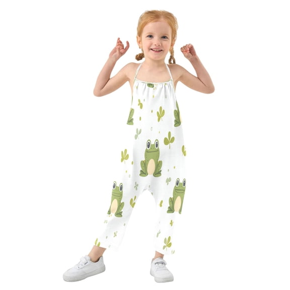 Girls' Jumpsuits Rompers Summer Casual Sleeveless Rompers With Pockets Spaghetti Strap Romper Cartoon Frog Pattern 1T