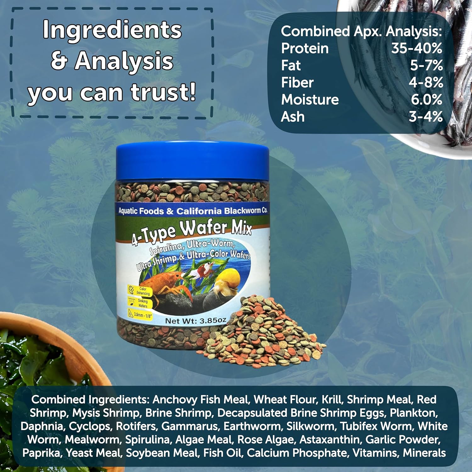 3.5mm - 1/8" 4-Type Sinking Wafer Mix of Spirulina-Algae, Worm, Shrimp, Color Enhancing Wafers for Shrimp, Snails All Tropical Fish 14.8oz Canister