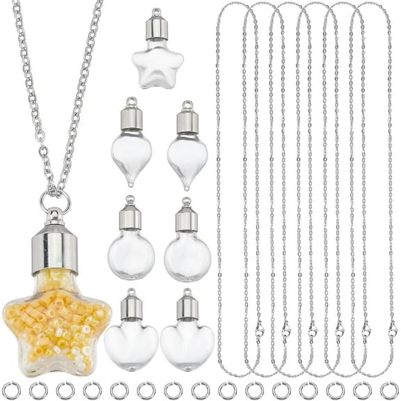 36Pcs Vial Necklace Kit Glass Vial Necklaces Bulk Glass Bottle Necklace Empty Clear Vial Necklace Heart Star Glass Vials for Jewelry Making Kits Memorial Keepsake Perfume Hair Mud Supplies 1set