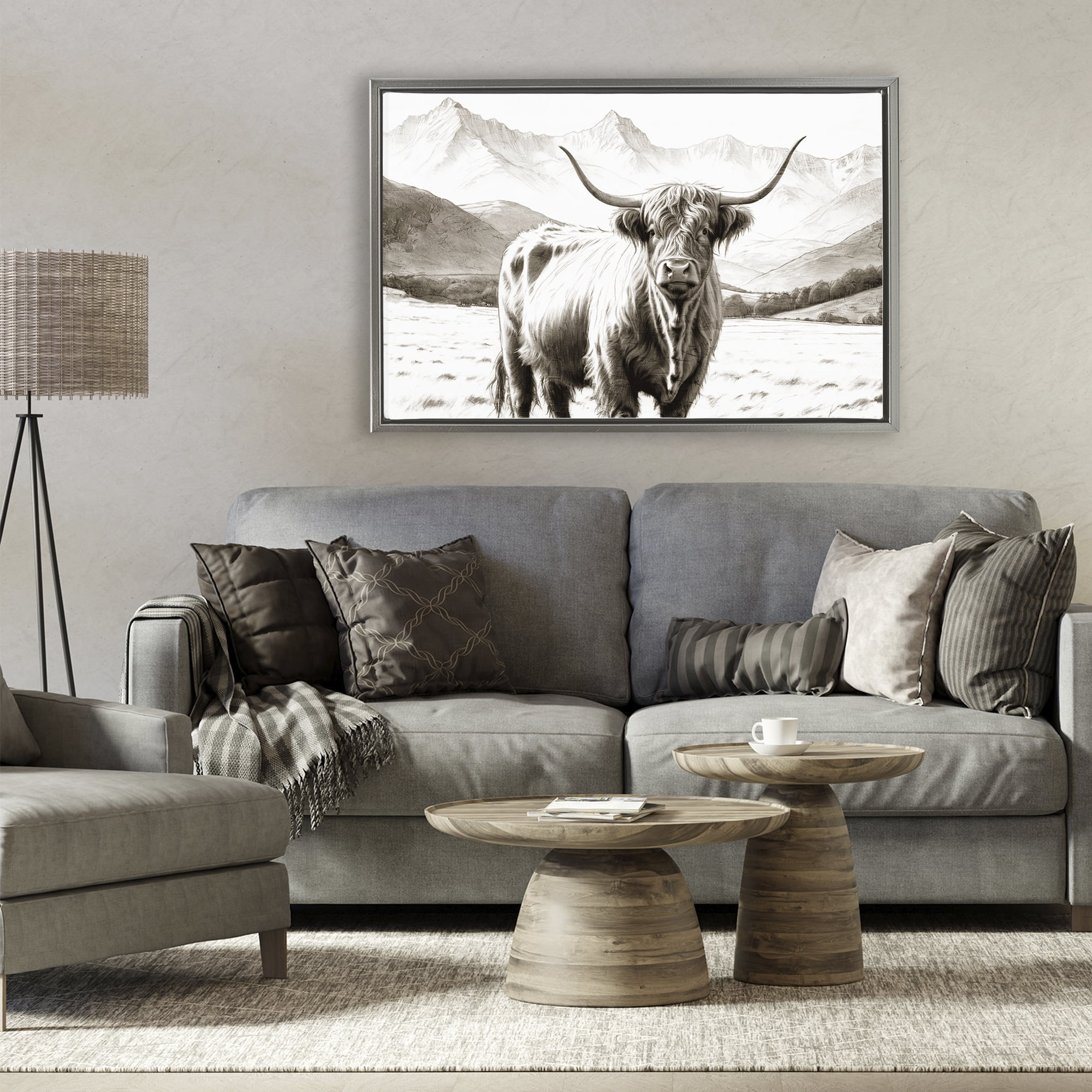 Stupell Industries Highland Sepia Sketch Gray Framed Floater Canvas Wall Art, design by Kim Allen