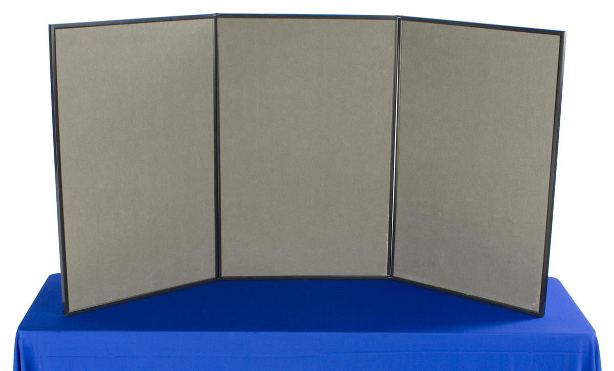 Tri Fold 3-Panel Display Board 72 x 36 with Blue Hook & Loop-Receptive Fabric and Write-on Whiteboard 