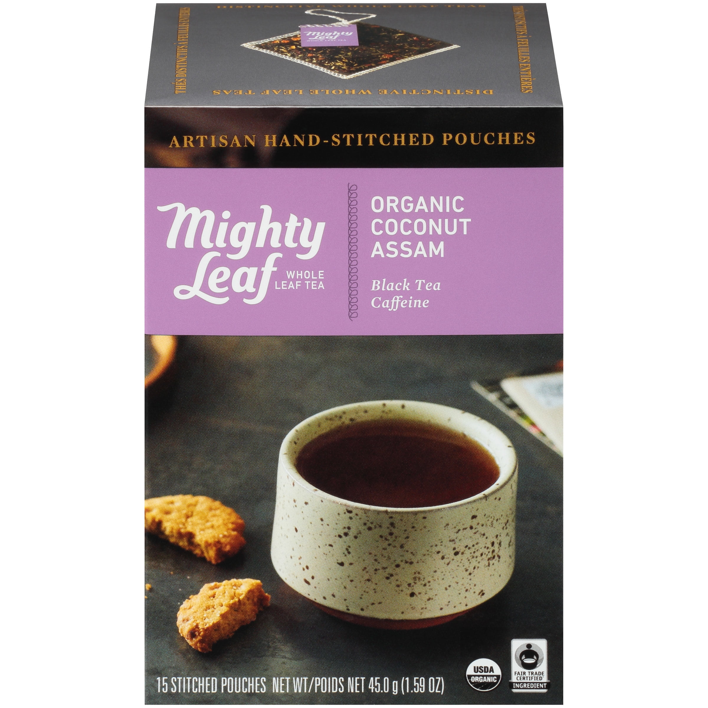 Mighty Leaf Organic Coconut Assam Whole Leaf Tea Stitched Pouches 15 ct