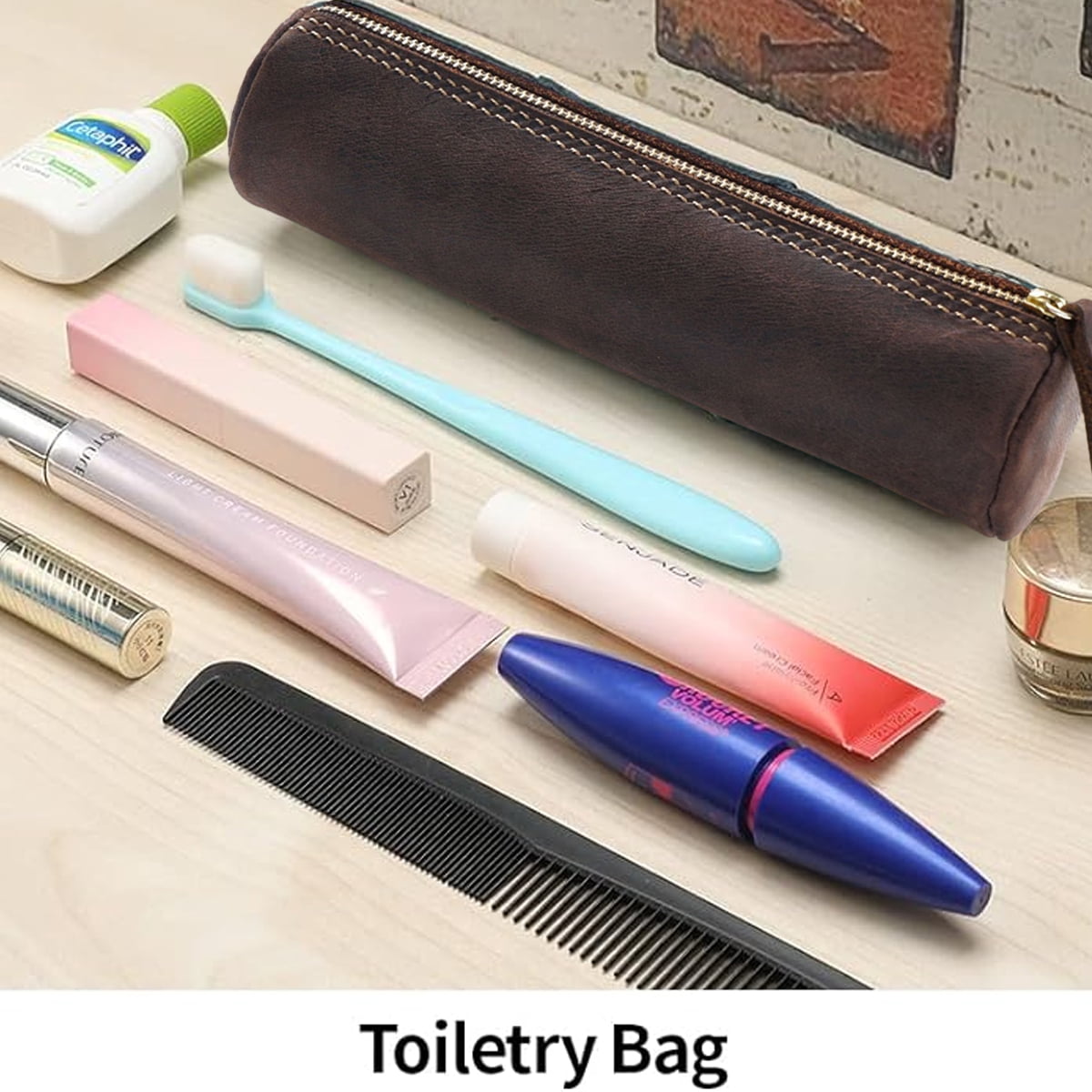 Leather pencil case, handcrafted leather pencil case with zipper, large capacity stationery storage caseCoffee color