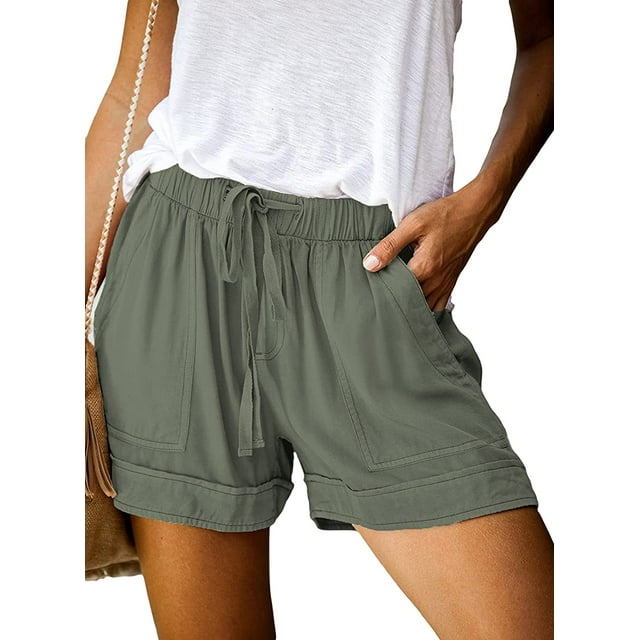 Womens Summer Casual Drawstring Elastic Waist Comfy Pure Color Shorts with Pockets