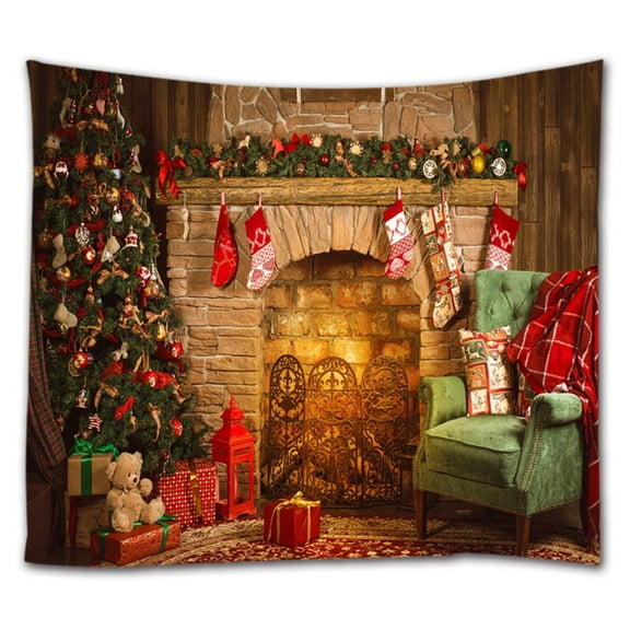 Goodbath Christmas Fireplace Xmas Tree Stocks Tapestry Wall Hanging for Bed Room Living Room Dorm, 80 x 60 Inch, Colorful