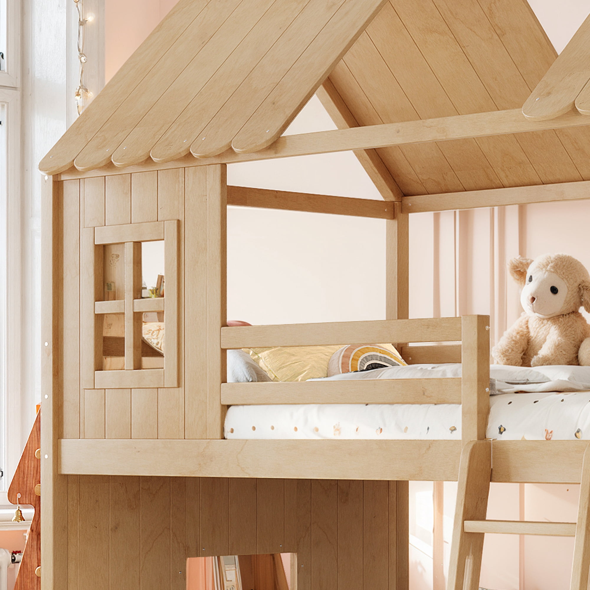 Leumius Full over Full House Bunk Bed with Ladders and Slides, House Floor Bunk Bed Frame with Storage Shelves and Wardrobe, Playhouse Design for Boys Girls Natural