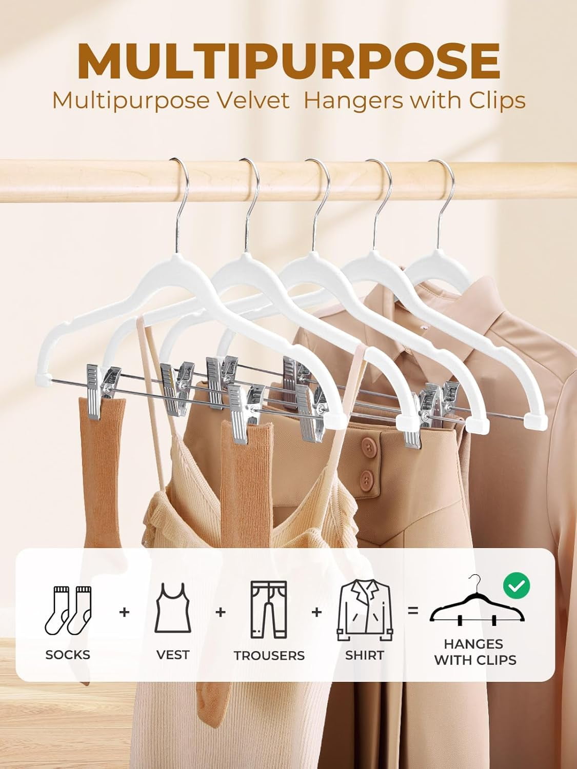 cozymood Velvet Pants Hangers 24 Pack, White Velvet Hangers with Adjustable Clips, Space Saving Slim Skirt Hangers