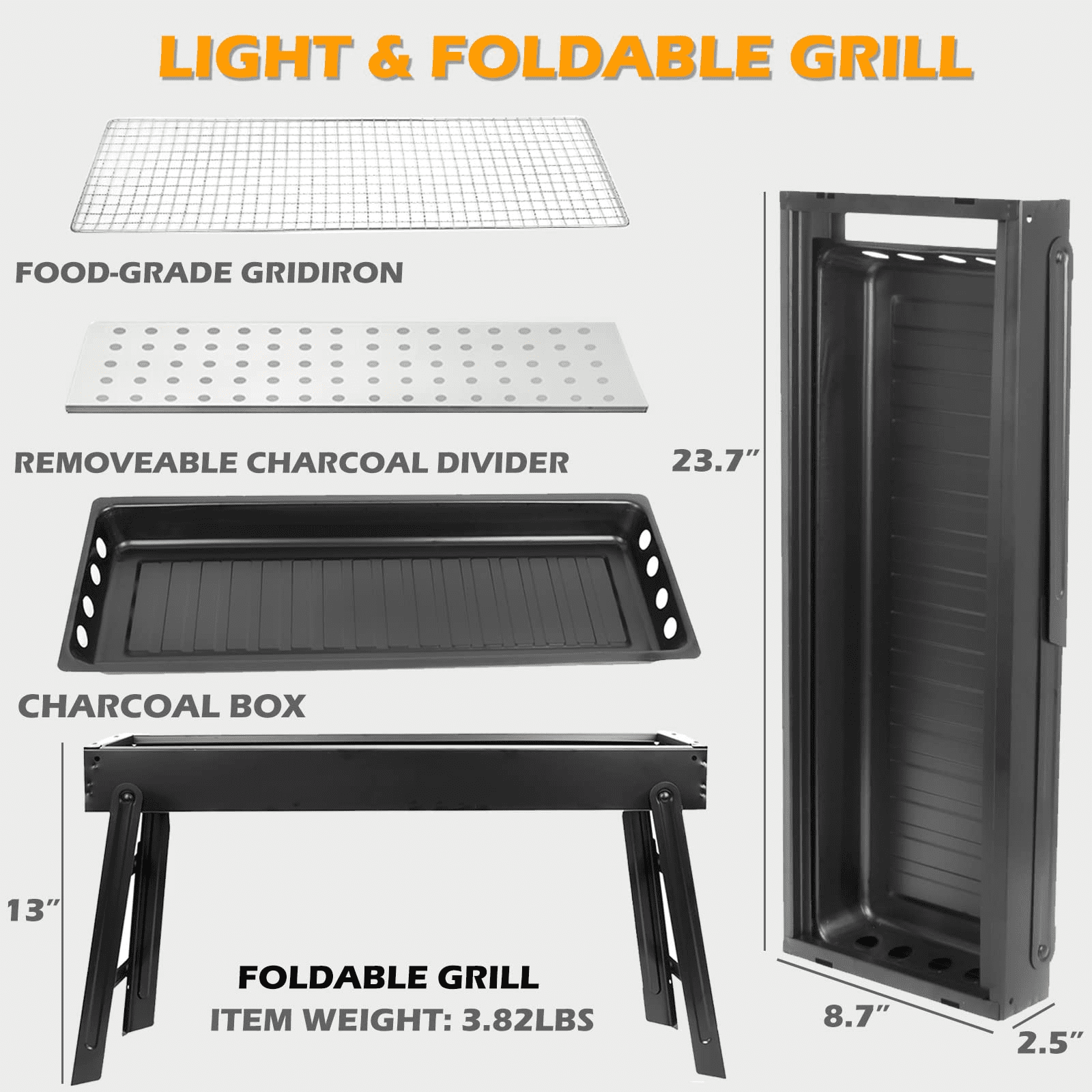 Barbecue Charcoal Grill for Camping, 24 in Mini Grill Stainless Steel Foldable Portable Grill, BBQ Tool Kit for Outdoor Camping Cooking Gear Picnics Beach Home Backyard Party BBQ Beginner