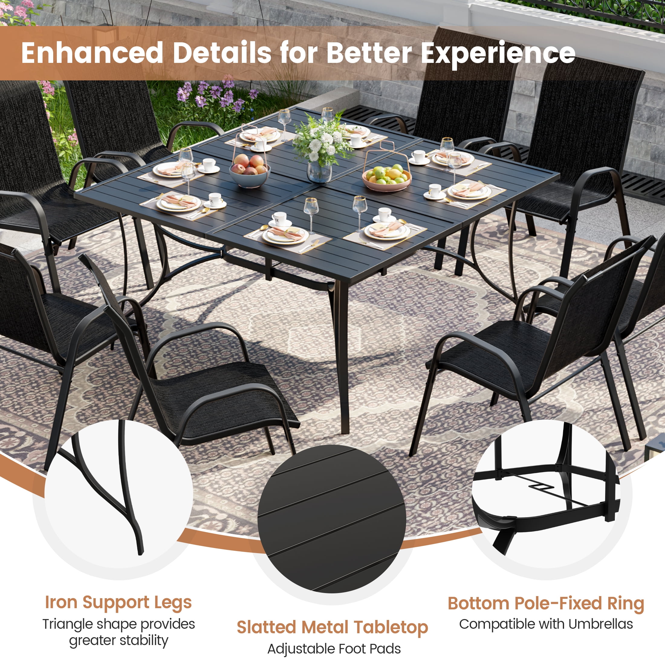ELPOSUN 9-Piece Outdoor Patio Dining Set, 8 Textilene Chairs & Large Square Steel Table with Umbrella Hole, All-Weather Furniture for Garden, Balcony,Black