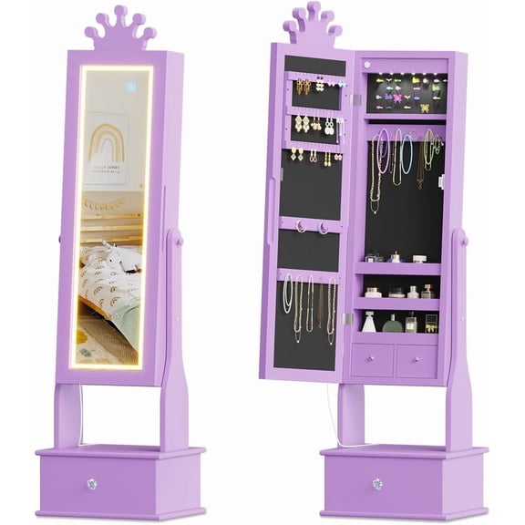 Jewelry Armoire with LED Light, Full-Length Mirror 28" x 8", Freestanding Jewelry Organizer Cabinet with 3 Drawers, Earring Rack 42 Slots, Necklace Hooks, Purple