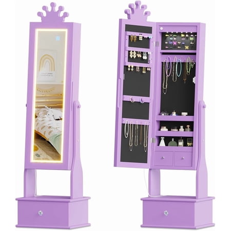 Jewelry Armoire with LED Light, Full-Length Mirror 28" x 8", Freestanding Jewelry Organizer Cabinet with 3 Drawers, Earring Rack 42 Slots, Necklace Hooks, Purple