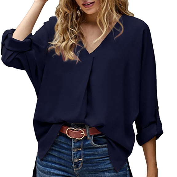 T Shirts For Women Womens Tops Summer 3/4 Bell Sleeve V Neck Chiffon Soft Solid Casual Tops And Blouses Loose Fit Fashion Shirts