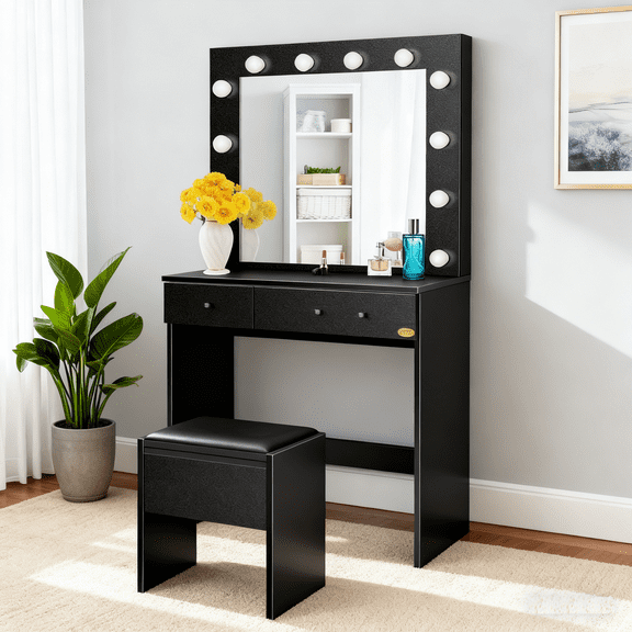 SPECSTAR Makeup Vanity Set with 12 Light Bulbs, Makeup Dressing Table with Lighted Mirror and Large Drawer, Black