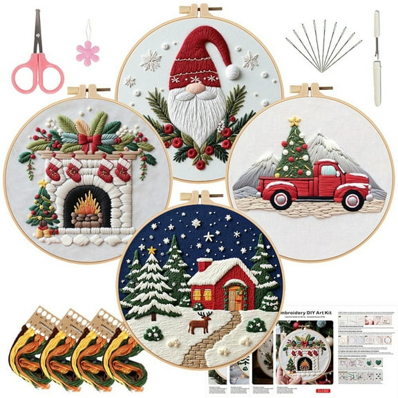 4 Pack Christmas Embroidery Kits for Beginners DIY Cross Stitch Craft Set with Hoops Threads and Patterns Holiday Ornament Embroidery Kit for Gift