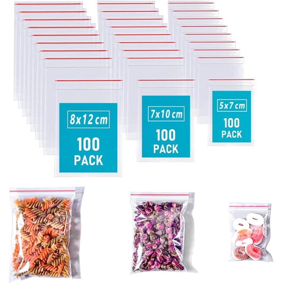 300 Pzas Bolsas Ziplock Transparentes con Línea Roja, Bolsas de Polietileno con Cierre Resellables Bolsas con Sello de Agarre, Bolsas de Plástico Bolsas Pequeñas de Plástico con Cierre Mini Bolsas Zi