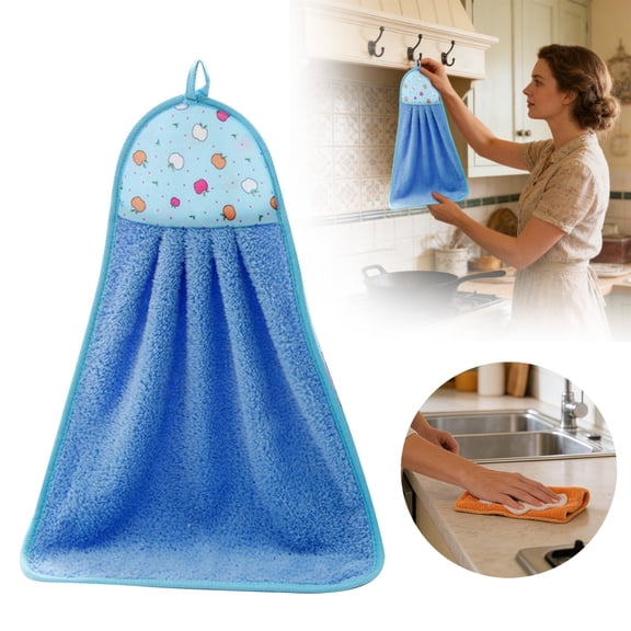 Hanging Kitchen Towels with Loop, Soft & Absorbent Microfiber, Decorative Hanging Dish & Hand Towel, Fast Drying Hang Towel, Blue