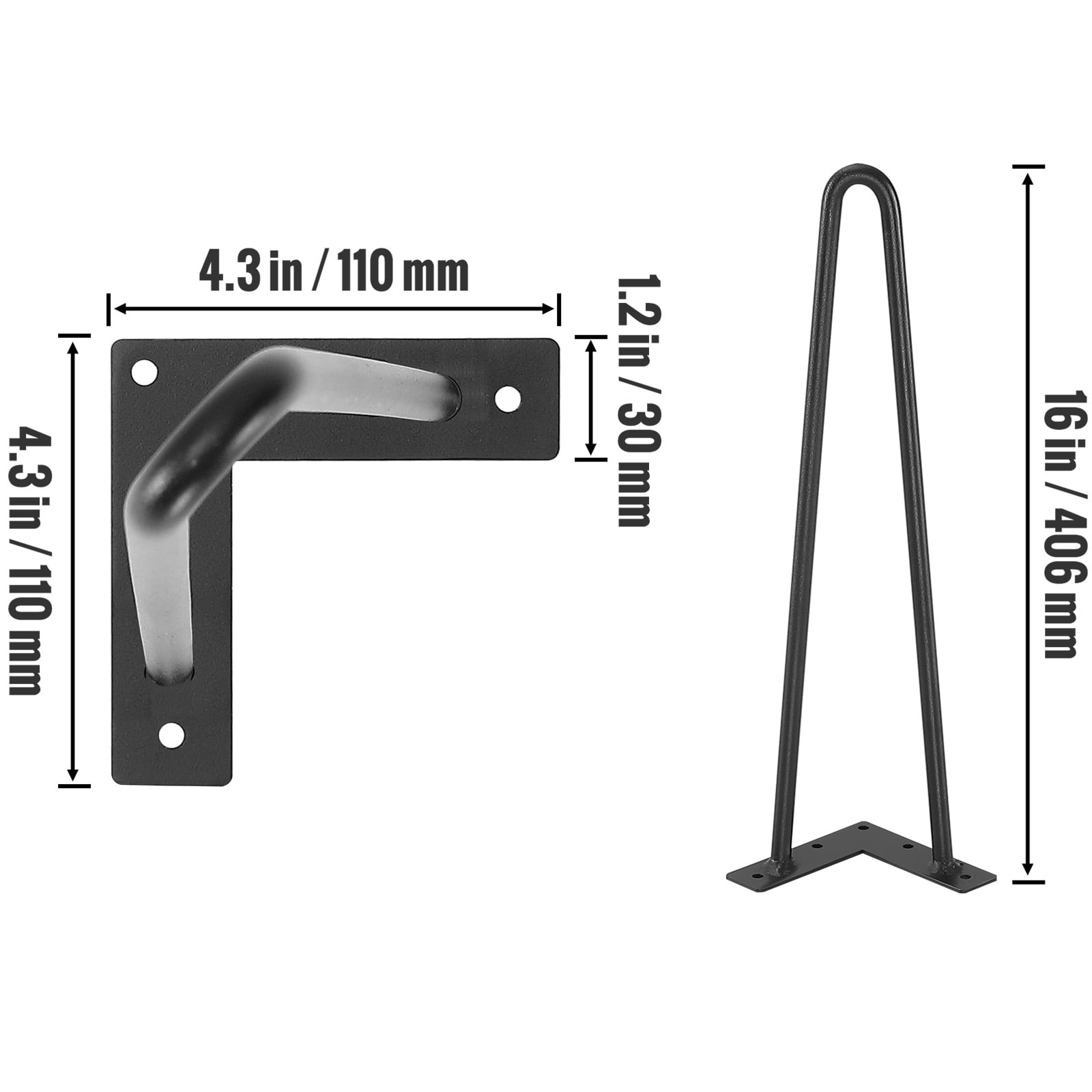 KFFKFF 16" Hairpin Furniture Legs ,4-Piece Set Solid Metal Heavy Duty Dining Table Leg with Rubber Floor Protectors - Black