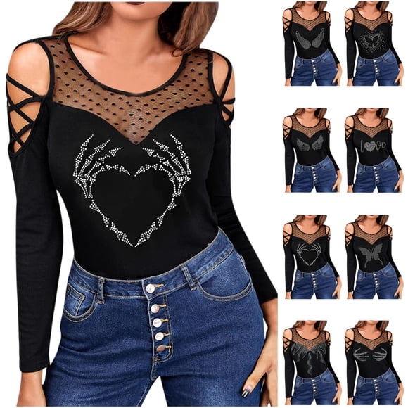 Rhinestone Tops for Women Valentine Shirts Mesh Splicing Blouses Hollow Out Long Sleeve Top Sexy Slim Fit Blouse