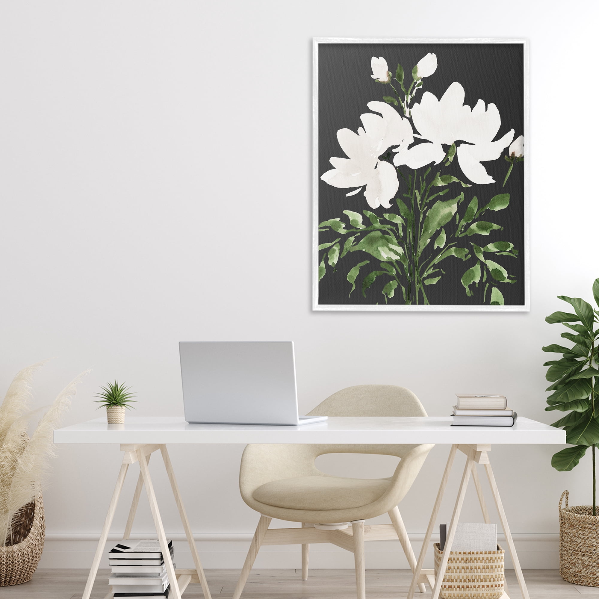 Stupell Industries White On Black Floral White Framed Giclee Art, design by Lucille Price