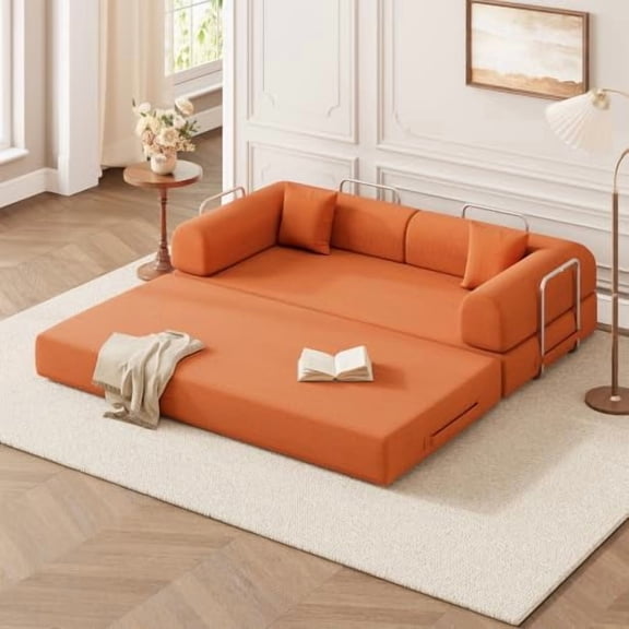 Orange 78.7 Inch 5‑in‑1 Convertible Corduroy Sofa Bed, Modular Boneless Couch