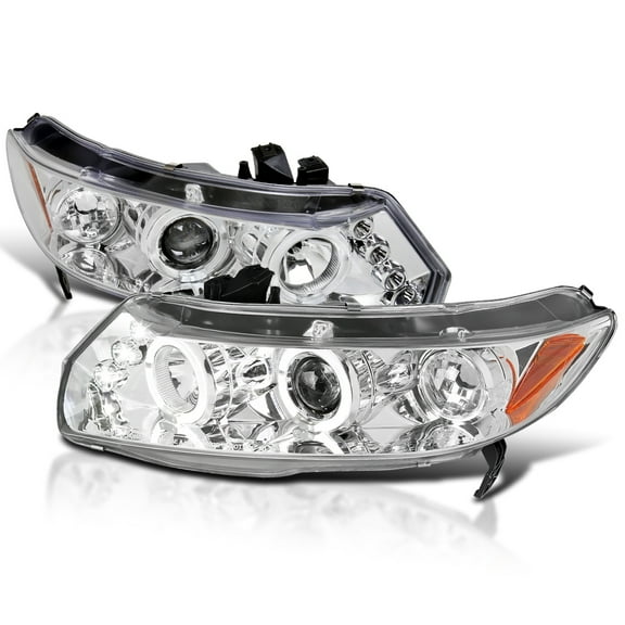 Spec-D Tuning LED   Halo Chrome Housing Clear Lens Projector Headlights Compatible with 2006-2011 Honda Civic 2 Door Coupe, Left   Right Pair Headlamps Assembly