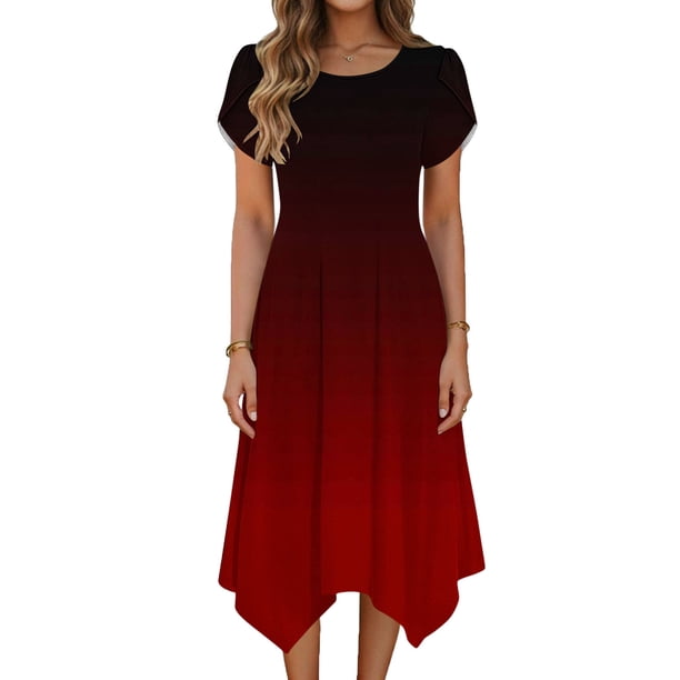 TaTaai Women's Casual Gradient Print Round Neck Short Sleeve Dress with Ruffle Sleeves Irregular Hem Fashion Midi Dress Soft Breathable Fabric for Spring Summer Daily Life Gift