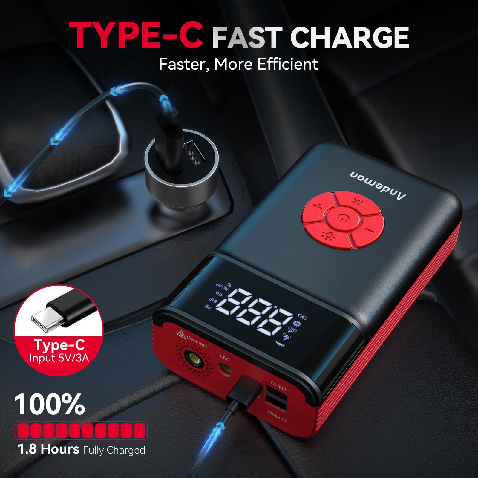 Audew (Andeman) Jump Starter with Air Compressor, 4000A 12V Portable Battery Jump Starter Box for Up 10L Gas/8L Diesel Engine with 120PSI Digital Tire Inflator, LED Light,USB Quick Charge
