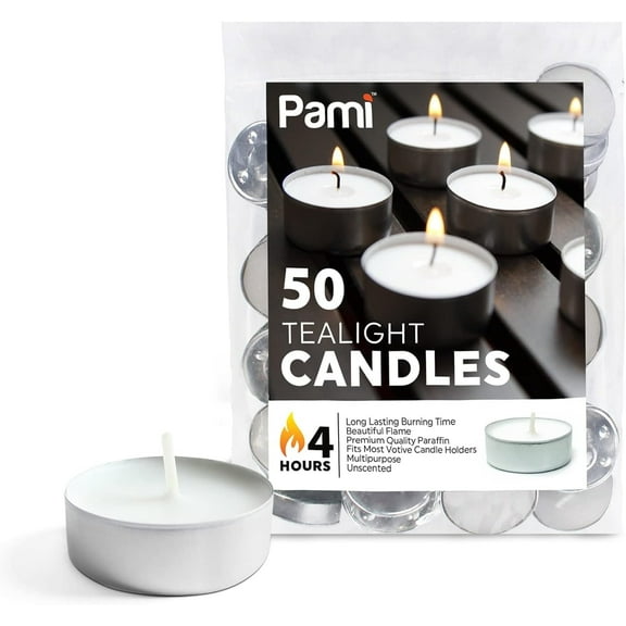 PAMI Premium White Tealight Candles 50-Pack – Unscented Paraffin Tea Lights with 4-Hour Burn Time, Beautiful Flame for Votive Holders