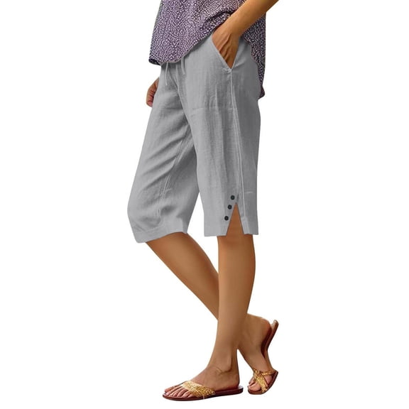 Lumtrix Cotton Linen Capri Pants For Women Knee Length Summer Shorts Buttons With Pocket Straight Leg Loose Fit Beach Vacation Gray S