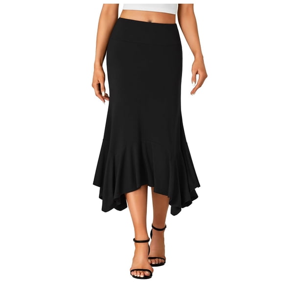 Tfken Summer Women Skirts Solid Color Elastic Waist Long Handkerchief Skirts Trendy Casual Female Classic Clothes Black